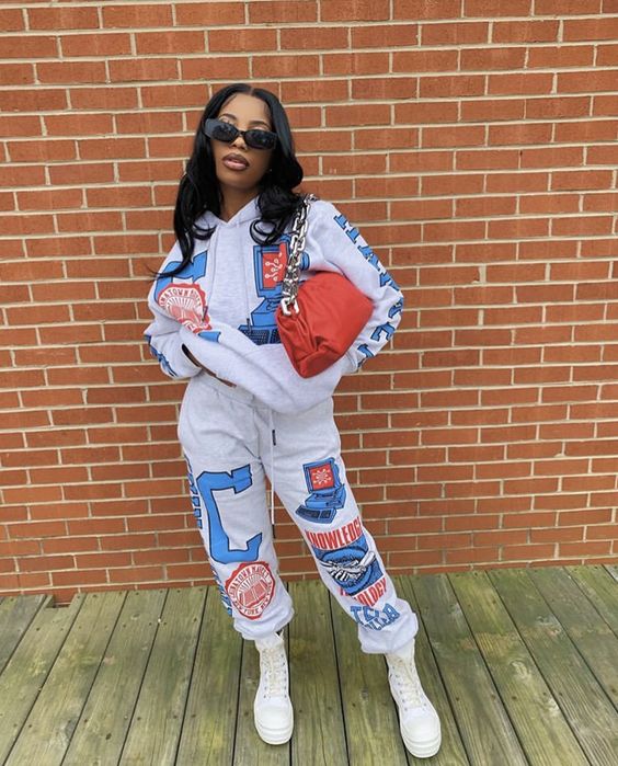 Blue Graphic Tracksuit with White Sneakers